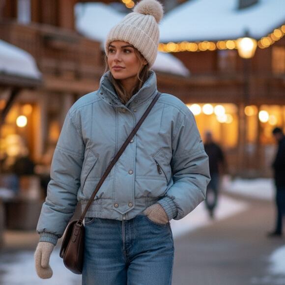 Vintage 80s 90s Y2K OBERMEYER Anita Powder Blue Crop Puffer Jacket Ladie Size 12 - Picture 1 of 12